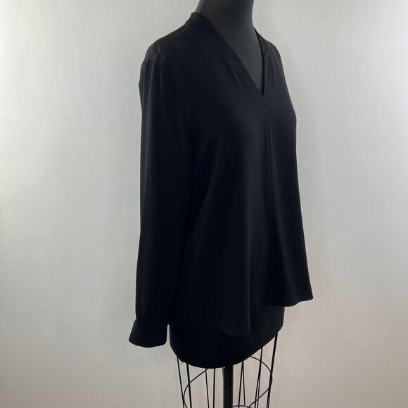 Eileen Fisher Black Top Georgette Crepe V-Neck Shirttail Hem Button Cuff S Small - Picture 4 of 10